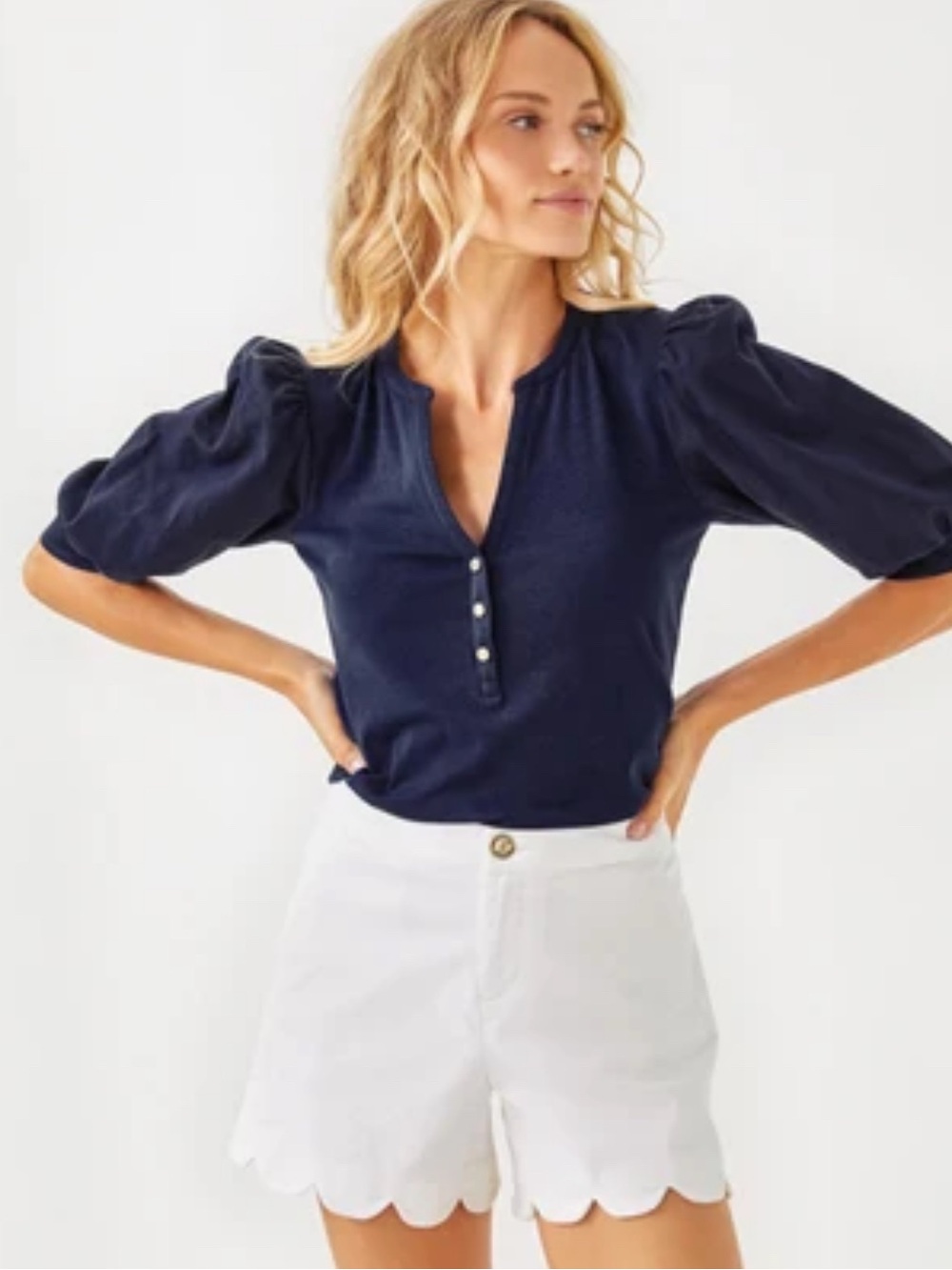 Ann Taylor Classic Navy Puff-Sleeve Henley Top